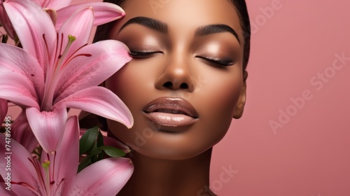 An art make up portrait of a young African American model touching her face and posing with lily flowers against a pink backdrop.