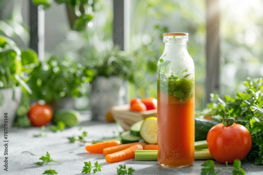bottle of nourishing green juice surrounded by fresh vegetables and herbs.