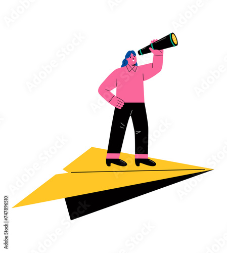 Business vision direction. Business woman holding binoculars standing on a paper plane.  Flat vector illustration isolated on white background