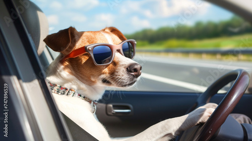 Dog driving a car on a highway wearing funny sunglasses. © Liza