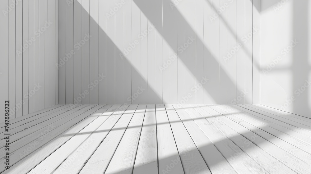 3D stimulation of a white room interior and a wood plank floor with sunlight casting shadows on the wall, Perspective of a minimal design architecture