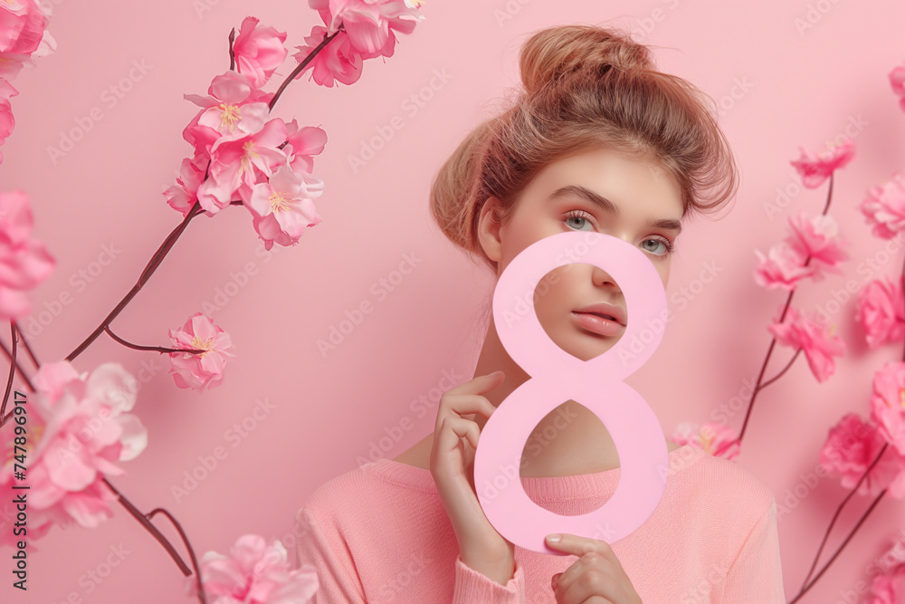 Beautiful young woman holding a large pink number 8 surrounded by pink flowers. Pink background, international women's day, eighth of March, copy space Beautiful young woman holding a large pink number 8 surrounded by pink flowers. Pink background, international women's day, eighth of March, copy space