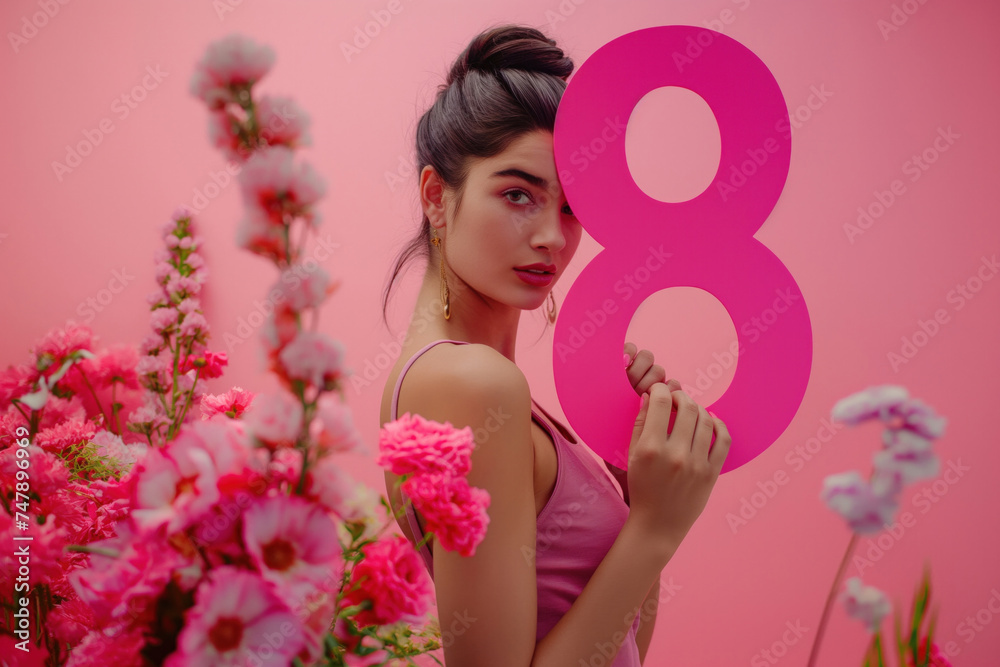 Beautiful young woman holding a large pink number 8 surrounded by pink flowers. Pink background, international women's day, eighth of March, copy space Beautiful young woman holding a large pink number 8 surrounded by pink flowers. Pink background, international women's day, eighth of March, copy space
