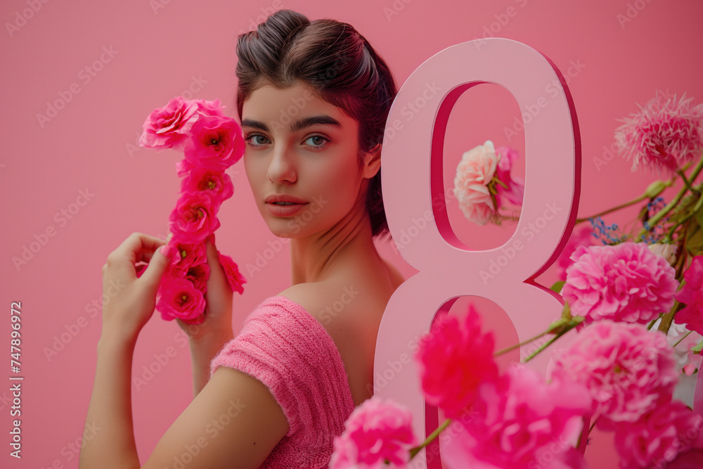 Beautiful young woman holding a large pink number 8 surrounded by pink flowers. Pink background, international women's day, eighth of March, copy space Beautiful young woman holding a large pink number 8 surrounded by pink flowers. Pink background, international women's day, eighth of March, copy space