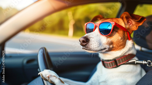 Dog driving a car on a highway wearing funny sunglasses. © Liza