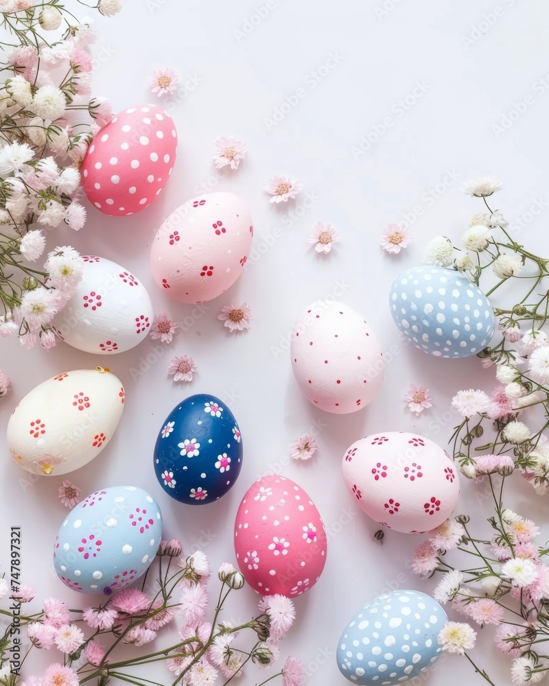 Easter celebration: Decorative eggs and fresh spring flowers on white