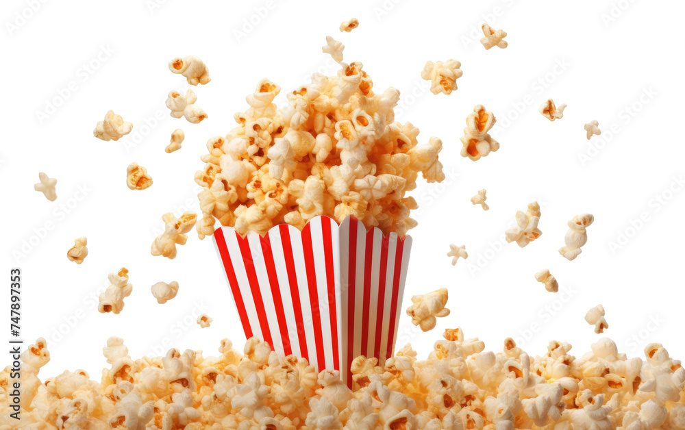A red and white striped bucket filled with freshly popped popcorn, the kernels glistening with butter and salt. The bucket is standing on a flat surface, ready to be enjoyed.