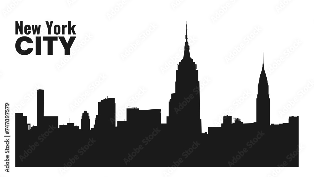 Fototapeta premium New York City Skyline Silhouette on Transparent Background. Empire State Building, Rockefeller Plaza, Office Building. Vector Illustration
