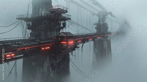 A gantry for vehicle detection on a bridge emerges from the fog