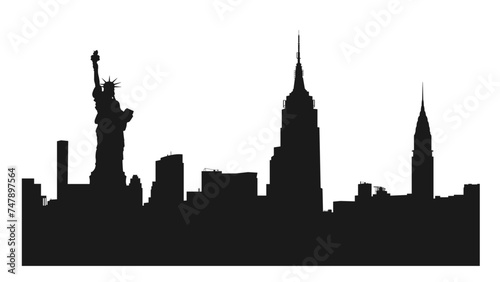 New York City Skyline Silhouette on Transparent Background. Statue of Liberty  Empire State Building  Rockefeller Plaza  Office Building. Vector Illustration