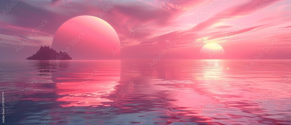 An Abstract Panoramic Wallpaper that features Futuristic Geometric Shapes, a Minimalist Zen Seascape, Calm Water, a Glass Arch, Mirror, and a Gradient Sky with Soothing Pink Hues Pastel Pink Serenity