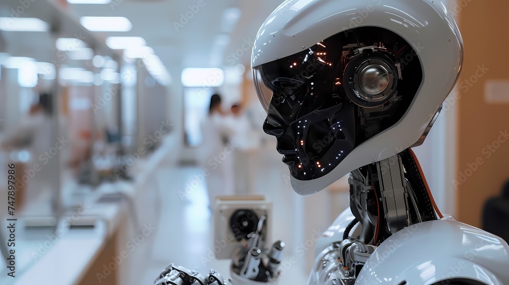 A robot with a striking black and red visor gazes into the distance, reflecting a world where machines and thoughts intersect. Its human-like posture evokes a sense of curiosity and sentience. AI A robot with a striking black and red visor gazes into the distance, reflecting a world where machines and thoughts intersect. Its human-like posture evokes a sense of curiosity and sentience. AI