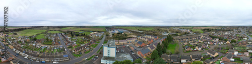 High Angle Ultra Wide Panoramic View of Arseley Town of England UK. The Footage Was Captured During Cloudy and Rainy Day of Feb 28th, 2024 © Nasim