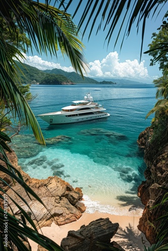 Professional Photography of a Luxurious Superyacht Anchored Off The Coast of a Tropical Paradise  Generative AI