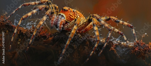 A detailed view capturing a spider from the Araneidae family perched on a branch  showcasing its intricate features and movements in a natural setting.