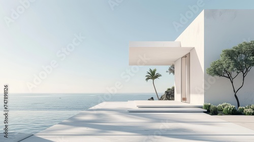 White modern house with concrete entrance on a sea view background.