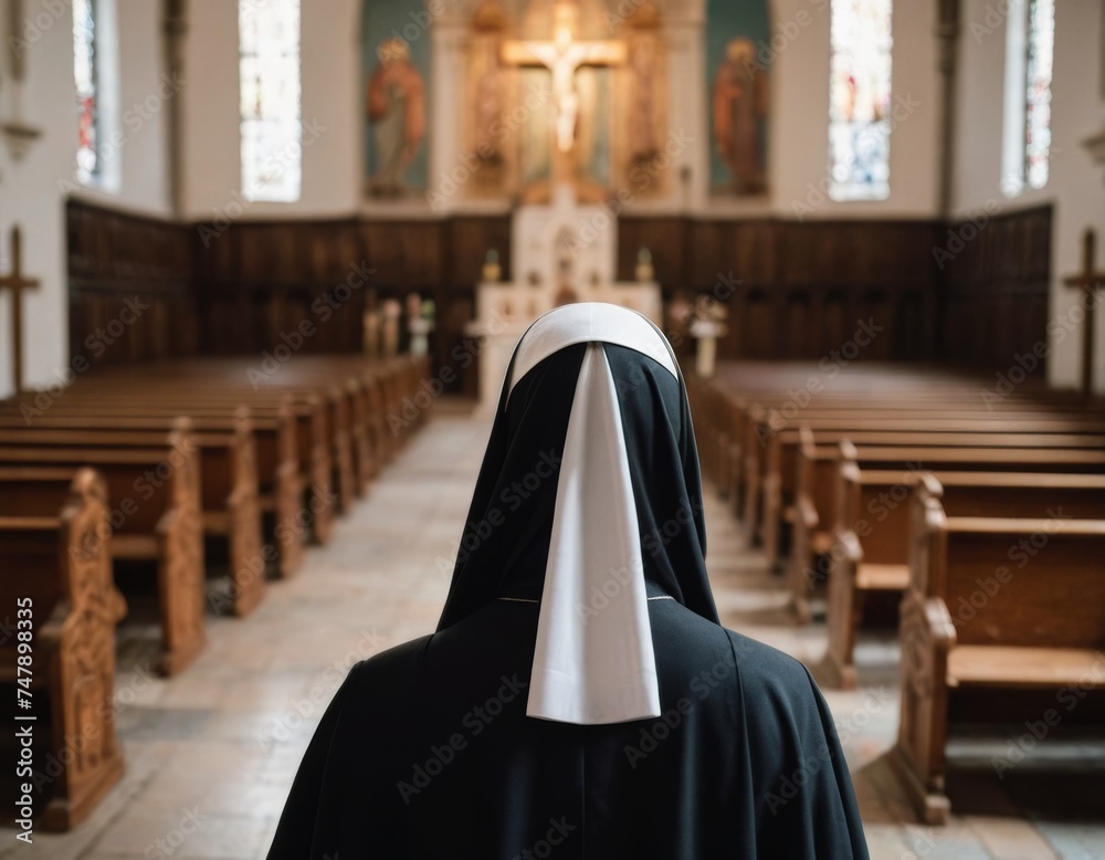 Rear view on a nun in church Rear view on a nun in church