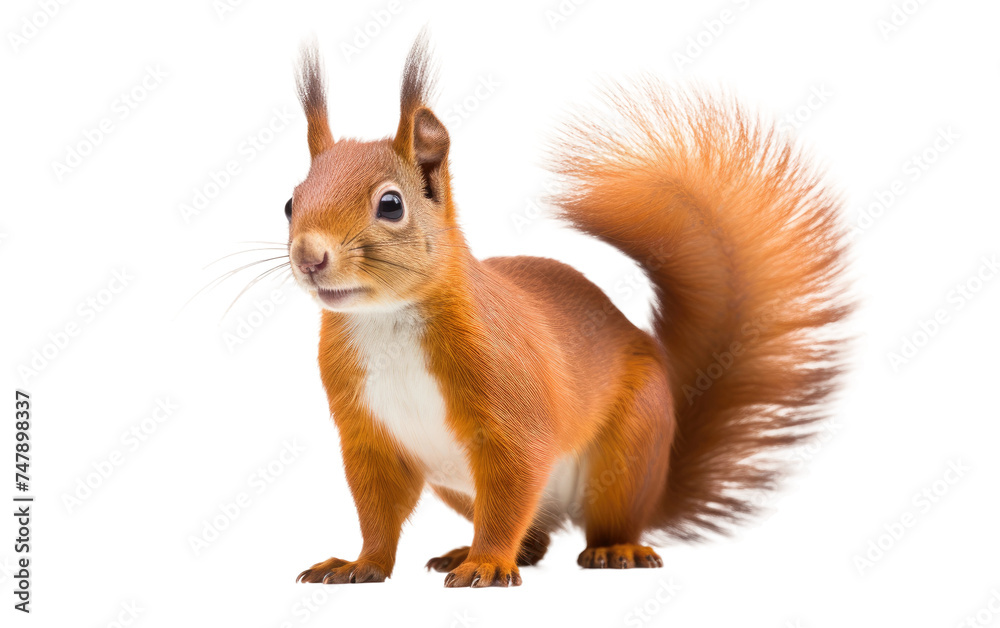 A red squirrel is depicted in the photograph, standing upright on its hind legs. The agile mammal balances itself while showcasing its characteristic bushy tail and fluffy fur. A red squirrel is depicted in the photograph, standing upright on its hind legs. The agile mammal balances itself while showcasing its characteristic bushy tail and fluffy fur.