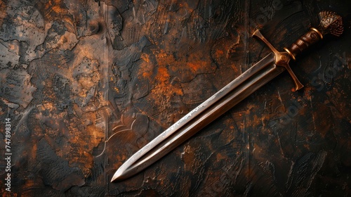 An ancient sword featuring a bronze handhold, set against a striking dark background