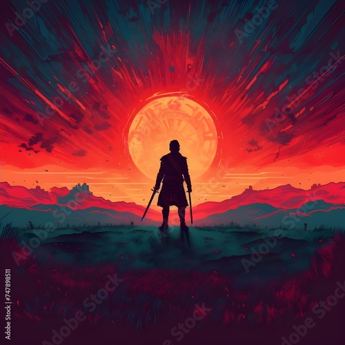 silhouette of a person in the desert holding sword
