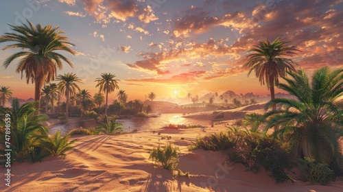 A stunning 3D rendering showcasing a picturesque oasis nestled within the sandy desert, capturing the panoramic beauty of the landscape as the sun sets over the golden sands