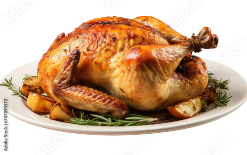 A roasted turkey placed on a white plate, accompanied by golden brown potatoes. The succulent turkey is cooked to perfection, with crispy skin and juicy meat.