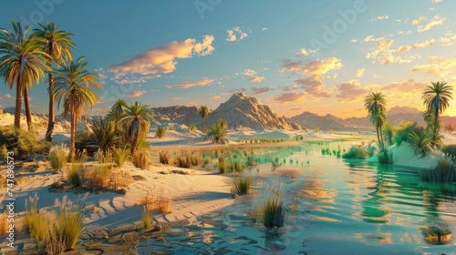 A stunning 3D rendering showcasing a picturesque oasis nestled within the sandy desert, capturing the panoramic beauty of the landscape as the sun sets over the golden sands © Orxan