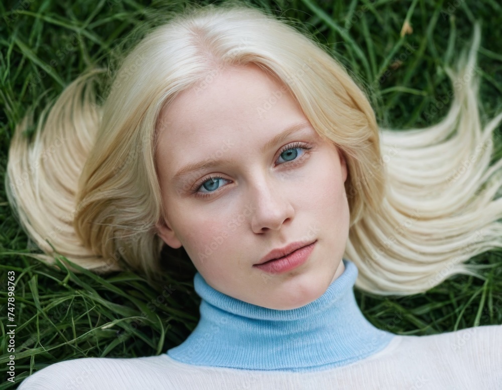 Beautiful albino young woman is lying in green grass Beautiful albino young woman is lying in green grass