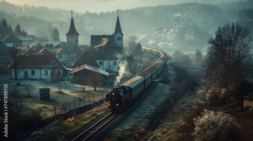 Old train passing through rural towns and cities