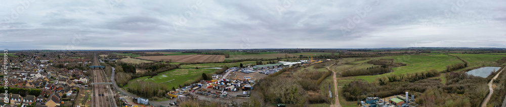 High Angle Ultra Wide Panoramic View of Arseley Town of England UK. The Footage Was Captured During Cloudy and Rainy Day of Feb 28th, 2024