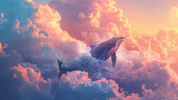 whale on the sky, with cloud and moon,  fantasy world	