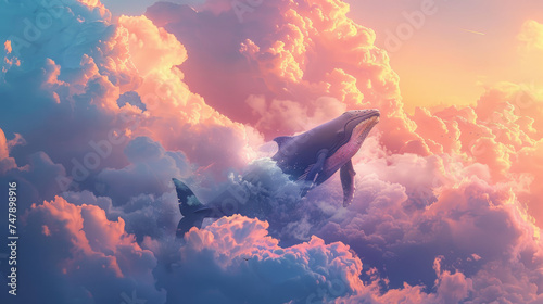 whale on the sky, with cloud and moon, fantasy world 