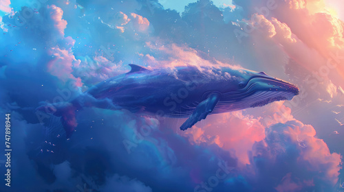 whale on the sky, with cloud and moon,  fantasy world  © wai