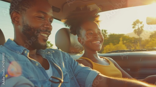 Family of African Americans riding a car on a road trip by automobile enjoying the weekend. Panorama, selective focus. Black parents and daughter enjoying summer road trip together on a weekend. © Zaleman