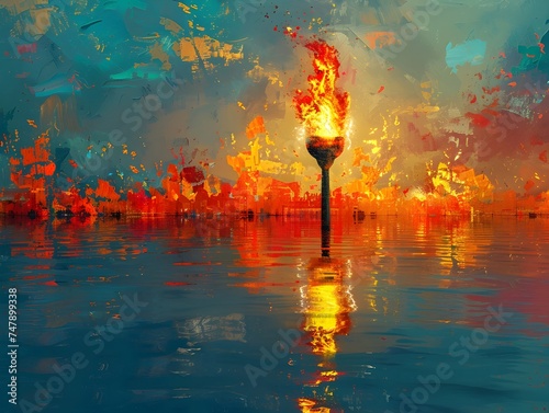 Art Paining of Olympic Torch Burning in the Water