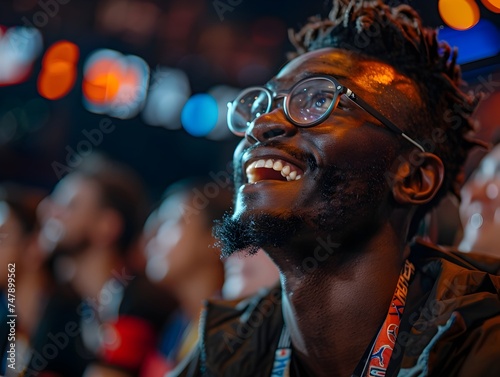 Man Smiling with Glasses at Esports Event in Afrofuturism Style