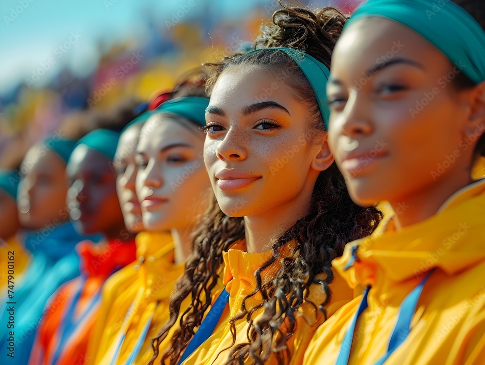 Female Athletes Dressed in Yellow Shirts Standing at Attention - obrazy, fototapety, plakaty 