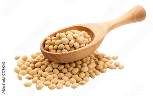A wooden spoon filled to the brim with chickpeas is placed delicately on a clean white background. Each chickpea sits neatly in the spoon, showcasing their round shapes and beige color.