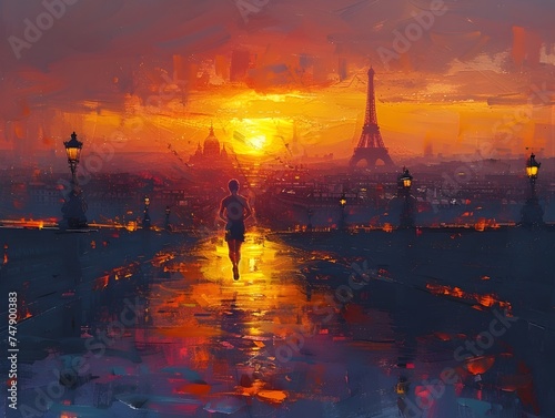 Watercolor Airplane Over Paris in Sunset with Digital Art Style