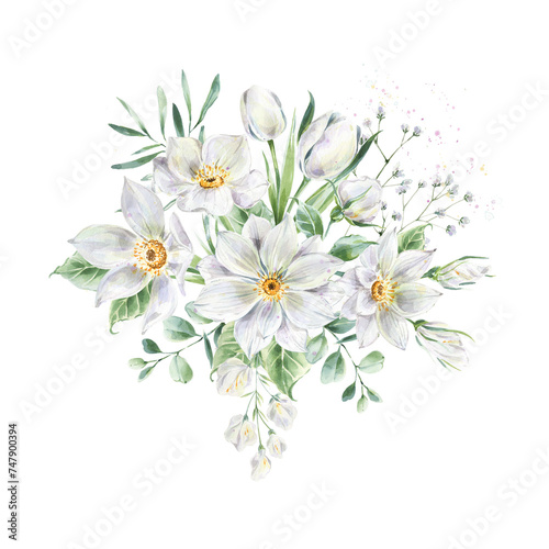 White flowers bouquet watercolor illustration  Spring bouquet wedding template.