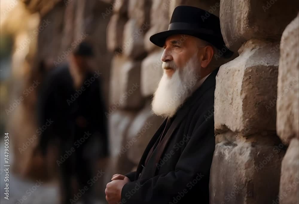 Jewish orthodox man in prayer, old jew in black praying near stone wall, spiritual reflection and tradition	