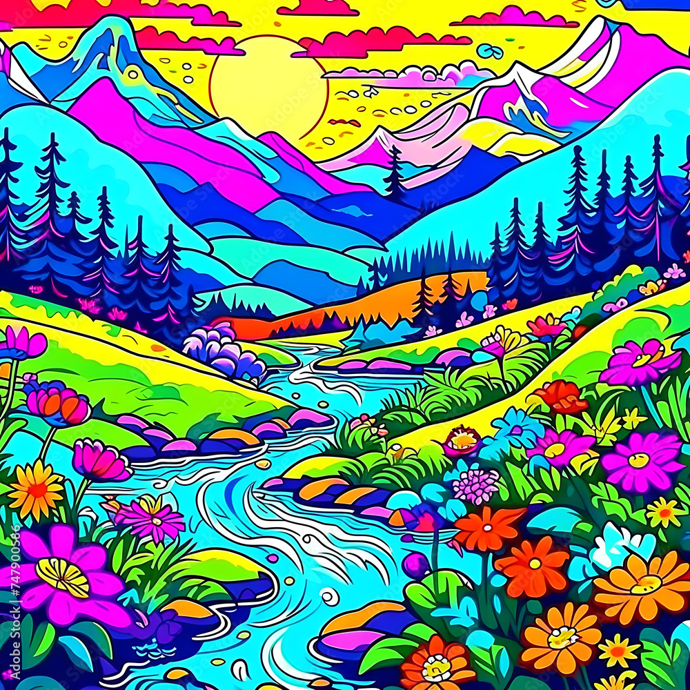 Spring Mountains river cartoon landscape