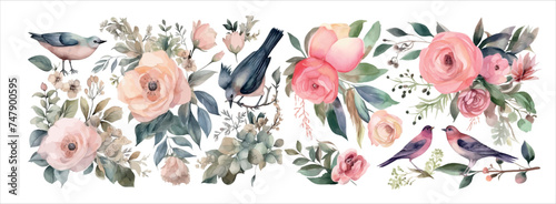 Elegant Watercolor Illustration Featuring Birds Amidst Blooming Flowers and Lush Foliage, Perfect for Invitations, Art Prints