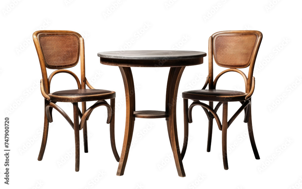 A wooden table with two matching chairs. The chairs are positioned neatly on either side of the table, creating a symmetrical arrangement. The table is bare A wooden table with two matching chairs. The chairs are positioned neatly on either side of the table, creating a symmetrical arrangement. The table is bare