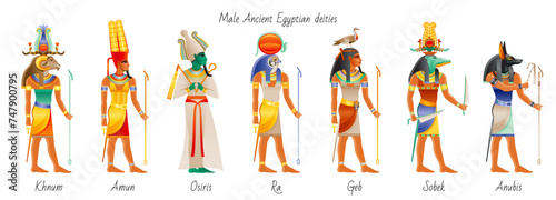 Egyptian god set. Ancient Egypt Gods. Queen vector. Mythology pharaoh characters. Old Egyptian history collection. Khnum Amun Osiris Ra Geb Sobek Anubis. Ancient Africa pharaoh king cartoon collection