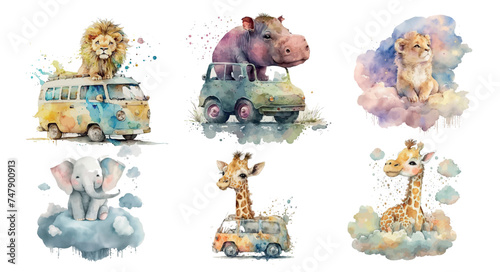 Whimsical Watercolor Illustrations of Animals with Vehicles: A Lion on a Van, Hippo in a Car, Elephant on Clouds, and Giraffes