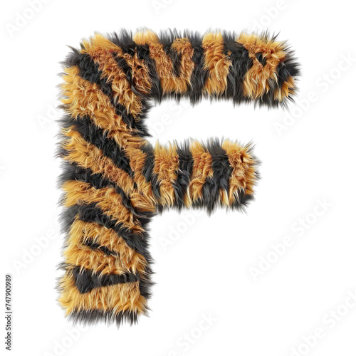 3D Fur Tiger Alphabet F in Arial bold font Isolated on transparent background.