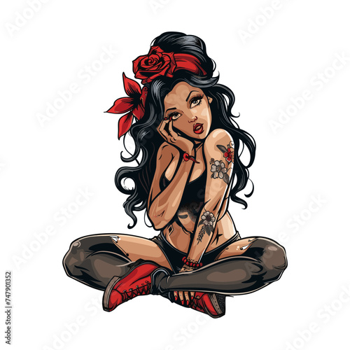 Anime Pin-Up Girl Tattoo Logo Vector Illustration