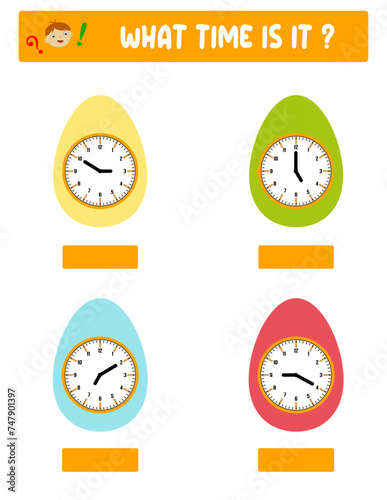 What time is it. Learning time on the clock. Educational activity worksheet for kids and toddlers. Preschool game. Puzzle with clock .   Education Game for Children.