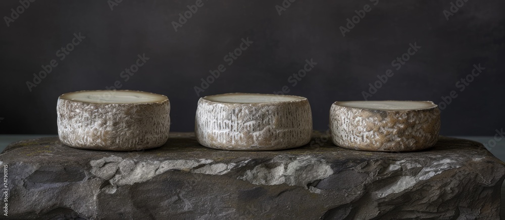 Three separate pieces of wood are placed on top of a flat rock in an outdoor setting. The wood pieces vary in size and are stationary on the rock.